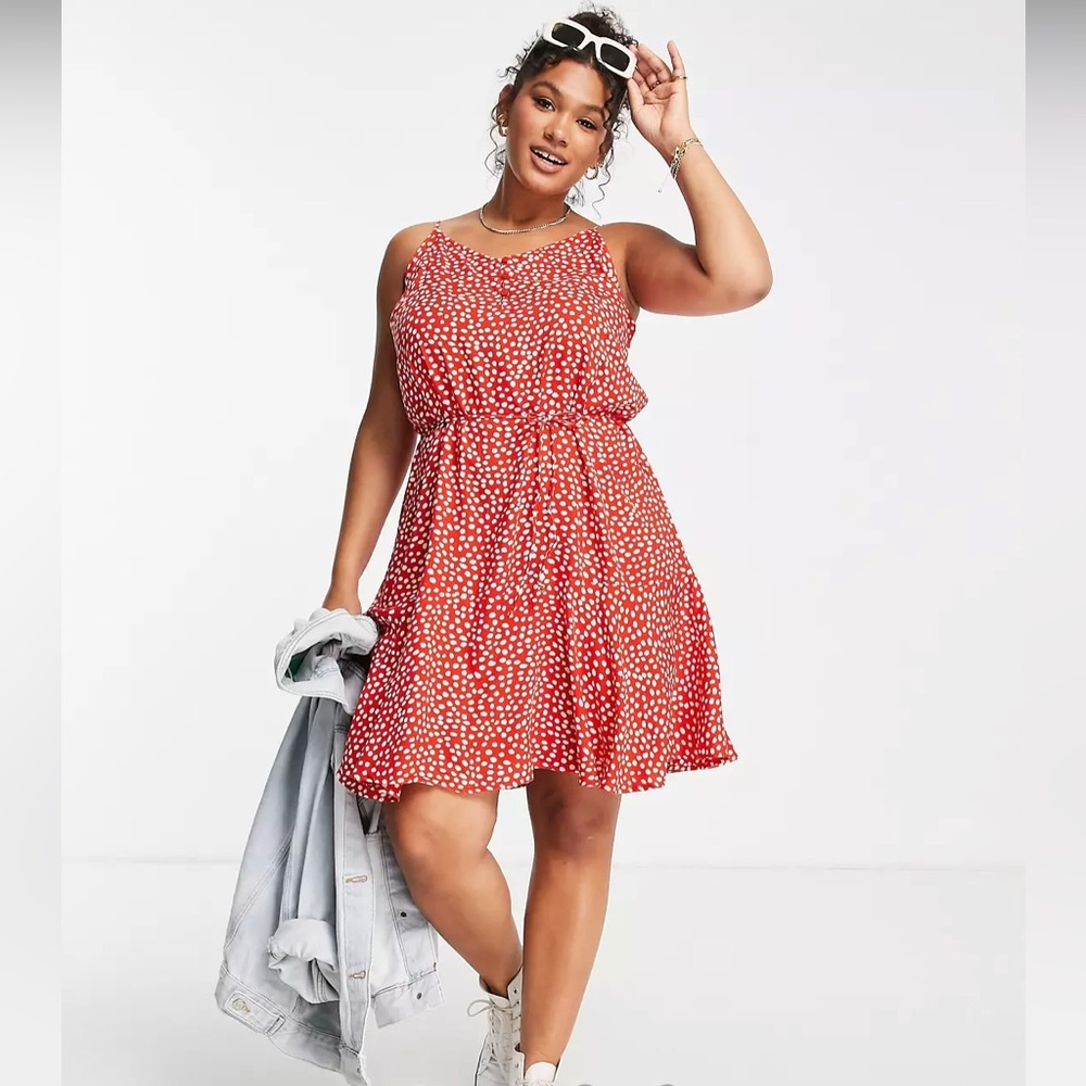 ASOS Pieces Curve tie waist mini tea dress in red polka